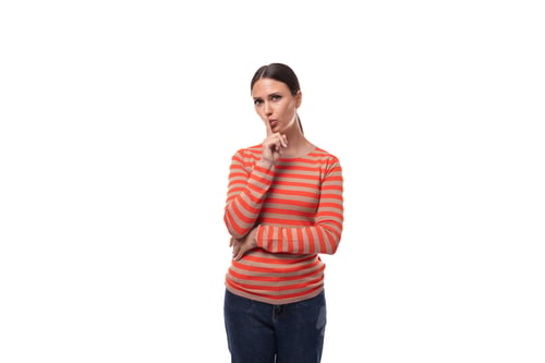 Preview: portrait young brunette european slim woman dressed in casual orange sweater isolated on white
