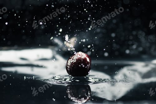 Preview: ripe cherry falling in water with splash isolated on black