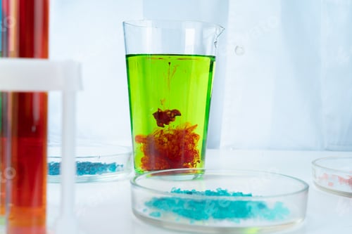 Preview: Manipulations with laboratory glass chemical containers on table