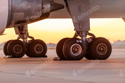 Preview: Landing gear of an airplane at airport