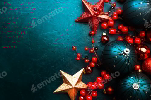 Preview: Blue Christmas or New Year background with blue Christmas balls, red berries and stars