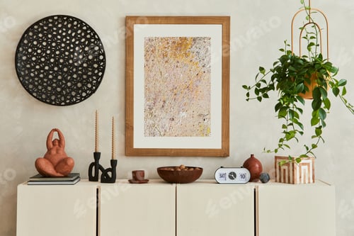 Preview: Stylish and modern beige living room interior composition