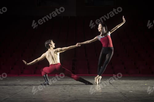 Preview: Ballet Dance Couple, Practising. On Stage In Theater.