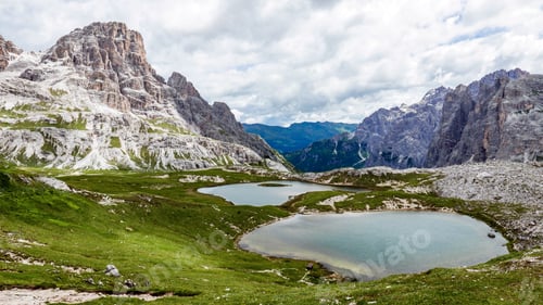 Preview: Small lakes in mountains. Nature, outdoors, mountainscape, cloudy. Tre Cime di Lavaredo, Italy.