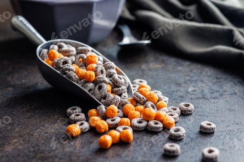 Preview: Sweet breakfast cereals in scoop on kitchen table.