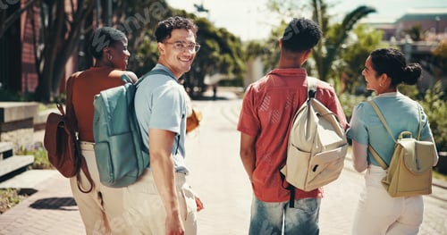 Preview: Education, smile and walking with student friends outdoor together for learning or study at univers