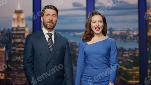 Preview: Charismatic tv reporters talking at morning breaking news close up. Couple hosts
