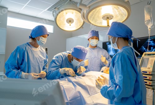 Preview: Operation team with blue clothes compose of nurse and doctor help to treatment patient in room