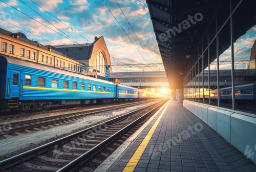 Preview: Beautiful blue passenger train at the railway station