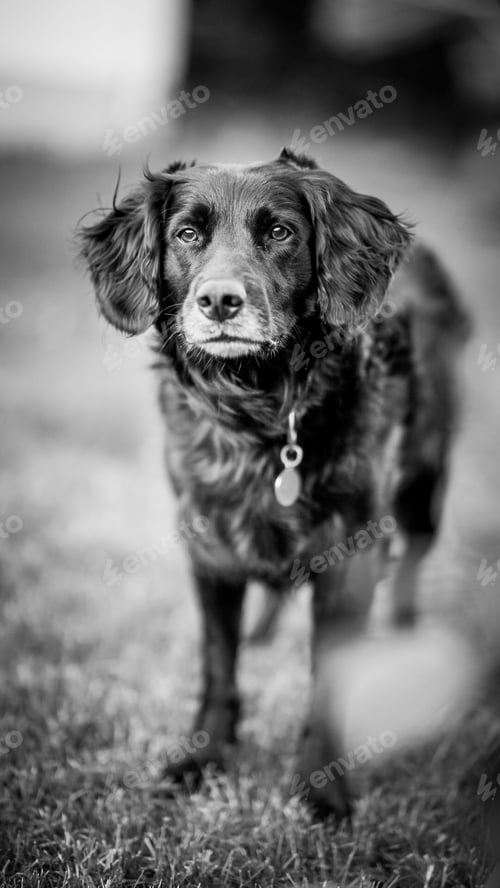 Preview: Cute German Wachtelhund in an outdoor grassy area in grayscale
