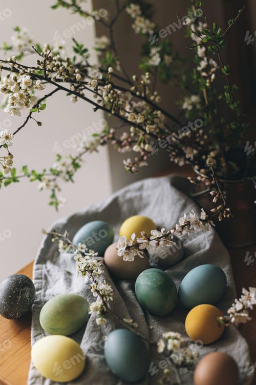 Preview: Easter eggs on rustic table with cherry blossoms. Happy Easter! Countryside still life