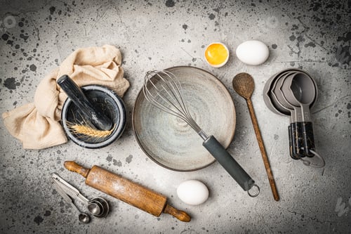 Preview: Baking utensils and ingredients.
