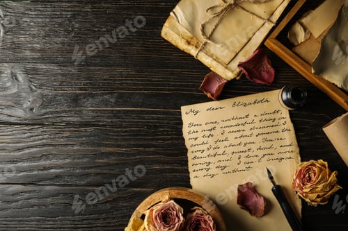Preview: Vintage letters, letter with text and rose petals on wooden background, space for text