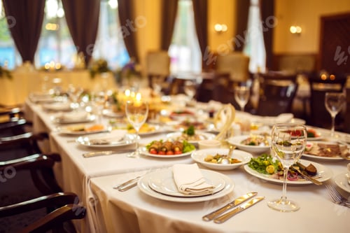 Visualização: Mesa de casamento no restaurante decorada com velas brancas e flores.