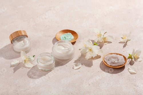 Preview: skincare products and jasmine flowers. zero waste eco friendly natural cosmetics for home spa