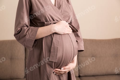 Preview: Pregnancy woman in beautiful dress standing on the home