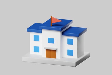 Vista previa: Edificio escolar de dibujos animados con bandera