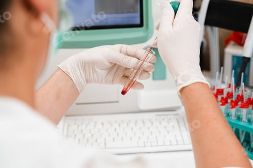 Preview: Close-up of blood analysis on lab analyzer, assistant performs hematology tests