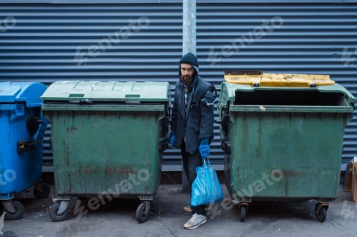 Preview: Bearded bum searching food in trashcan on street