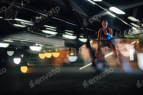 Preview: Young woman doing core exercise with battle ropes at the gym at night
