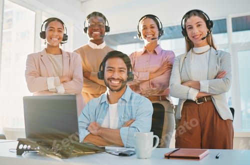 Preview: Team, portrait and call center consultant group with arms crossed, contact us with headphones and h