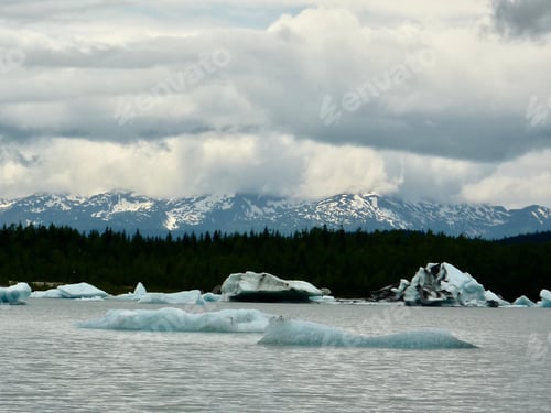 Preview: Fjord with blue hued glacier icebergs on a cloudy day