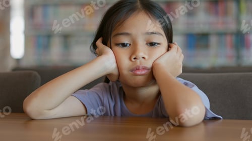 Preview: An Asian girl sits at a table in a library. She looks bored and lost in thought.