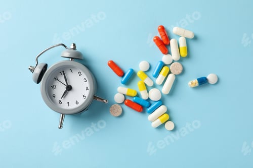 Preview: Alarm clock and pills on blue background