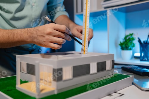 Preview: an architect is working in the office, an engineer works on house model on the desk, he used his exp