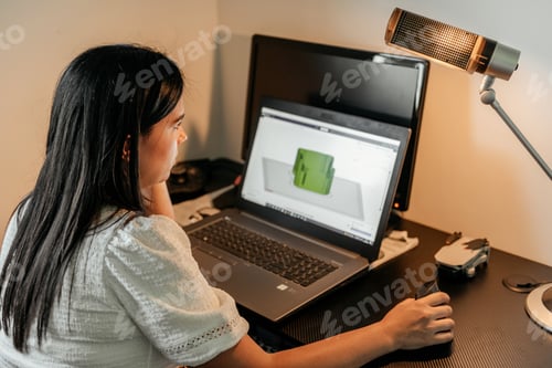 Preview: Rear view of young businesswoman sitting at desk, using laptop and 3d design software