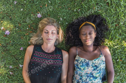 Preview: Calm multiethnic women resting on lawn