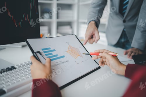 Preview: Two investors look at stock insights to analyze risk, stock investing businessman analyzing stock ma