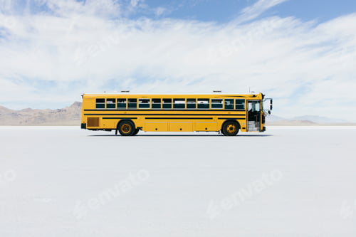 Preview: Yellow school bus driving on Salt Flats