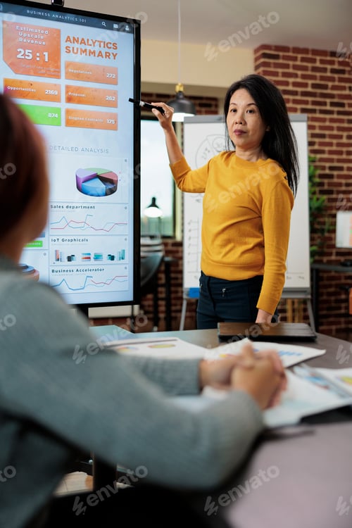 Preview: Asian executive manager explaining management statistics