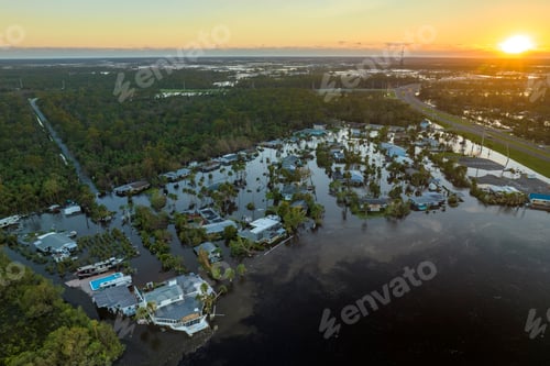 Preview: Surrounded by hurricane Ian rainfall flood waters homes in Florida residential area.