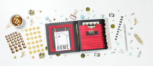 Preview: Scrap booking, on a white background, top view.