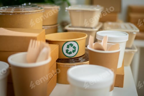 Preview: A pile of paper cups and utensils with a green recycling symbol on a brown container. Concept of rec