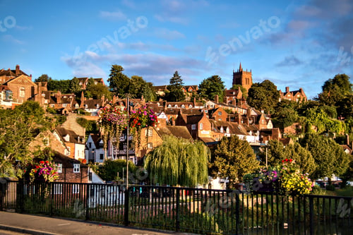 Preview: Scenic view of Bridgnorth town with church on top of a green hill in England, UK