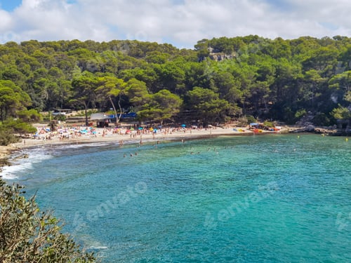 Preview: View from above of amazing beach, turquoise emerald sea, summer, travel, vacation, tourists, Menorca