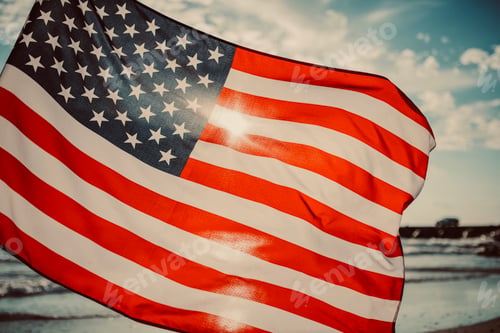Preview: Usa national America flag at sea side background as symbol of democracy us memorial day 4th of july