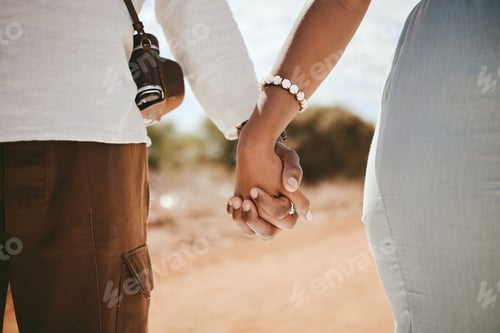 Preview: Hand holding, couple and black people travel together on a road trip ready for a safari holiday. Su