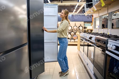 Preview: A Young Woman Joyfully Interacting with a Contemporary Refrigerator in a Retail Store Setting