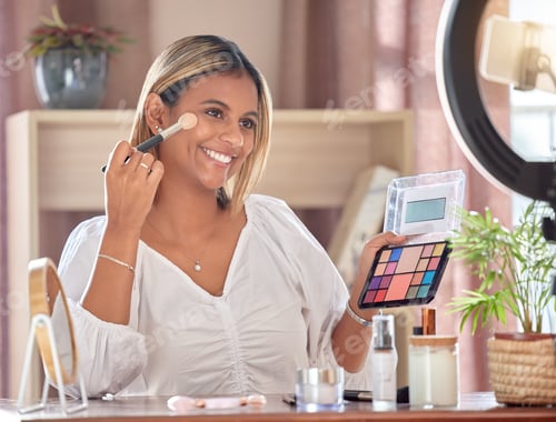 Preview: Makeup, eyeshadow and influencer woman live streaming for beauty, cosmetics and cosmetology vlog. C