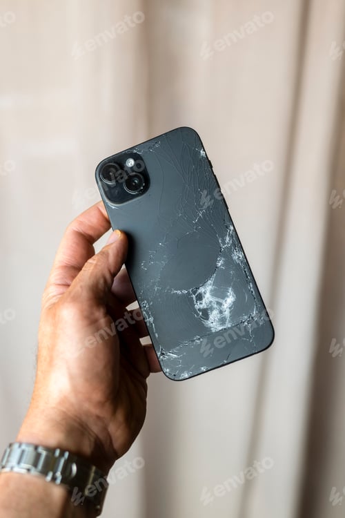 Preview: Hand holding smartphone with cracked back surface.