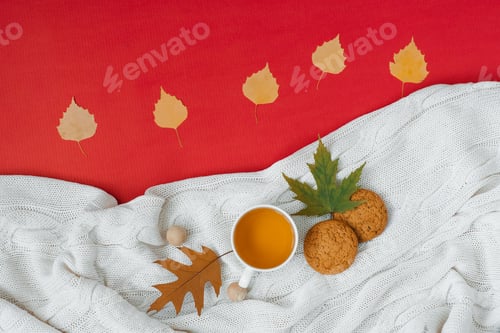 Preview: Cup of Tea, Fallen Autumn Leaves, Knitted Blanket on Red Background.
