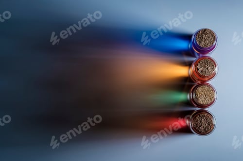 Preview: Small bottles with colorful liquid on a blue reflective surface closed by corks.