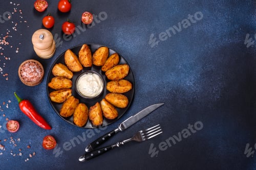 Preview: Baked potato wedges with cheese and herbs and tomato sauce on a dark background
