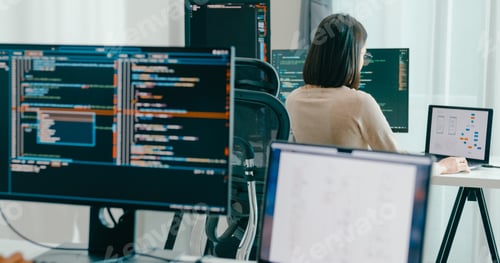 Preview: Group Adult Asia male, female freelance typing write prompt AI bot IT app smart program nomad.