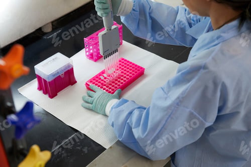 Preview: Tools and containers in a medical lab, work being done with pipette and samples