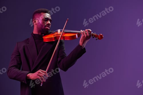Preview: African American musician playing violin in 3D rendering on purple background for stock photo